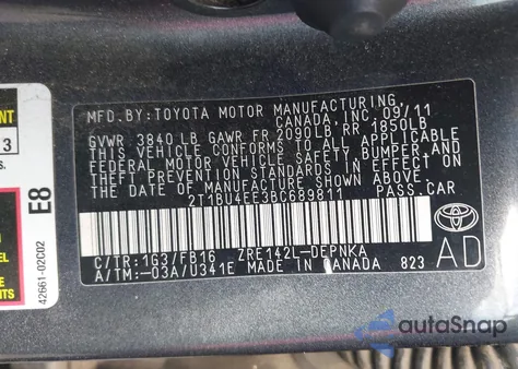 2011 Toyota Corolla Le z USA, uszkodzony, nr VIN 2T1BU4EE3BC689811